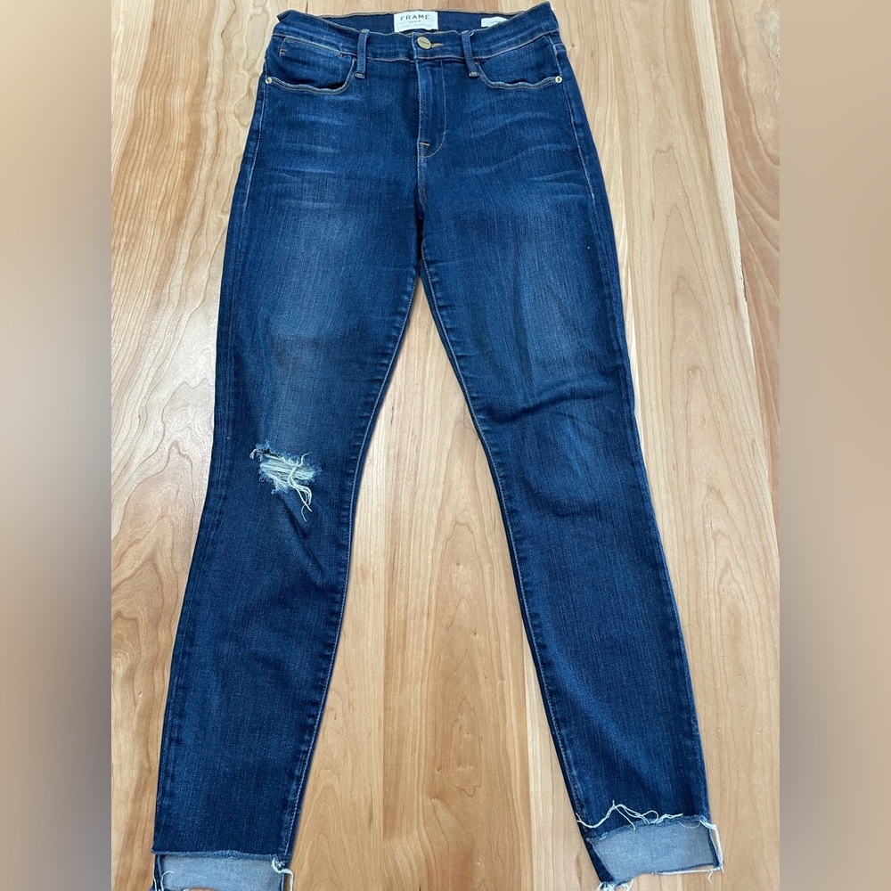 Frame Denim Jeans Womens Sz 26 Le High Skinny Stretch 29" Inseam Distressed Hem